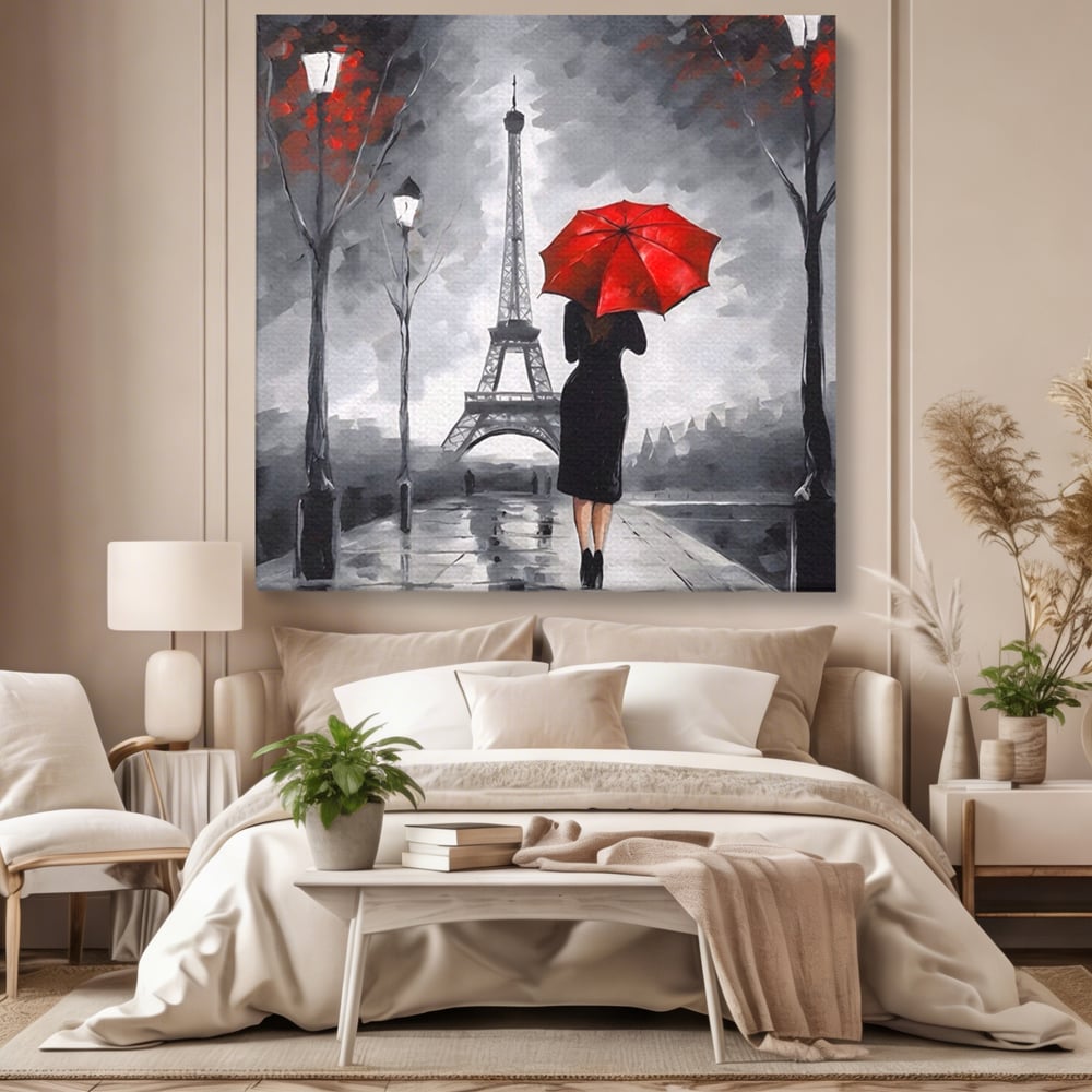 Tablou canvas cu pictura cu femeie si umbrela rosie, fara rama, pe sasiu de lemn, pe perete intr-un dormitor